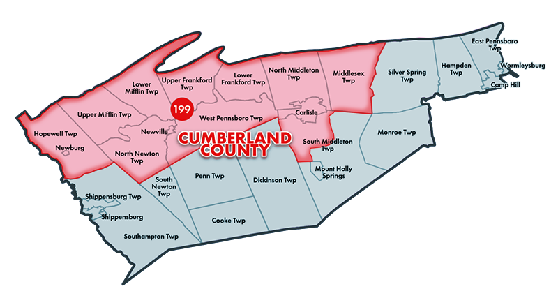 Map of Cumberland County with the 199th District highlighted in red.